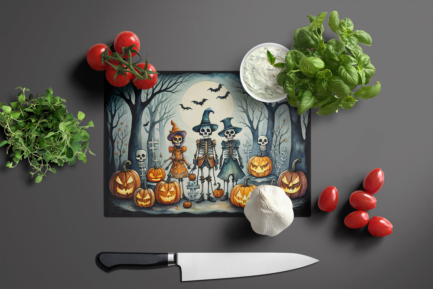 Calacas Skeletons Spooky Halloween Glass Cutting Board