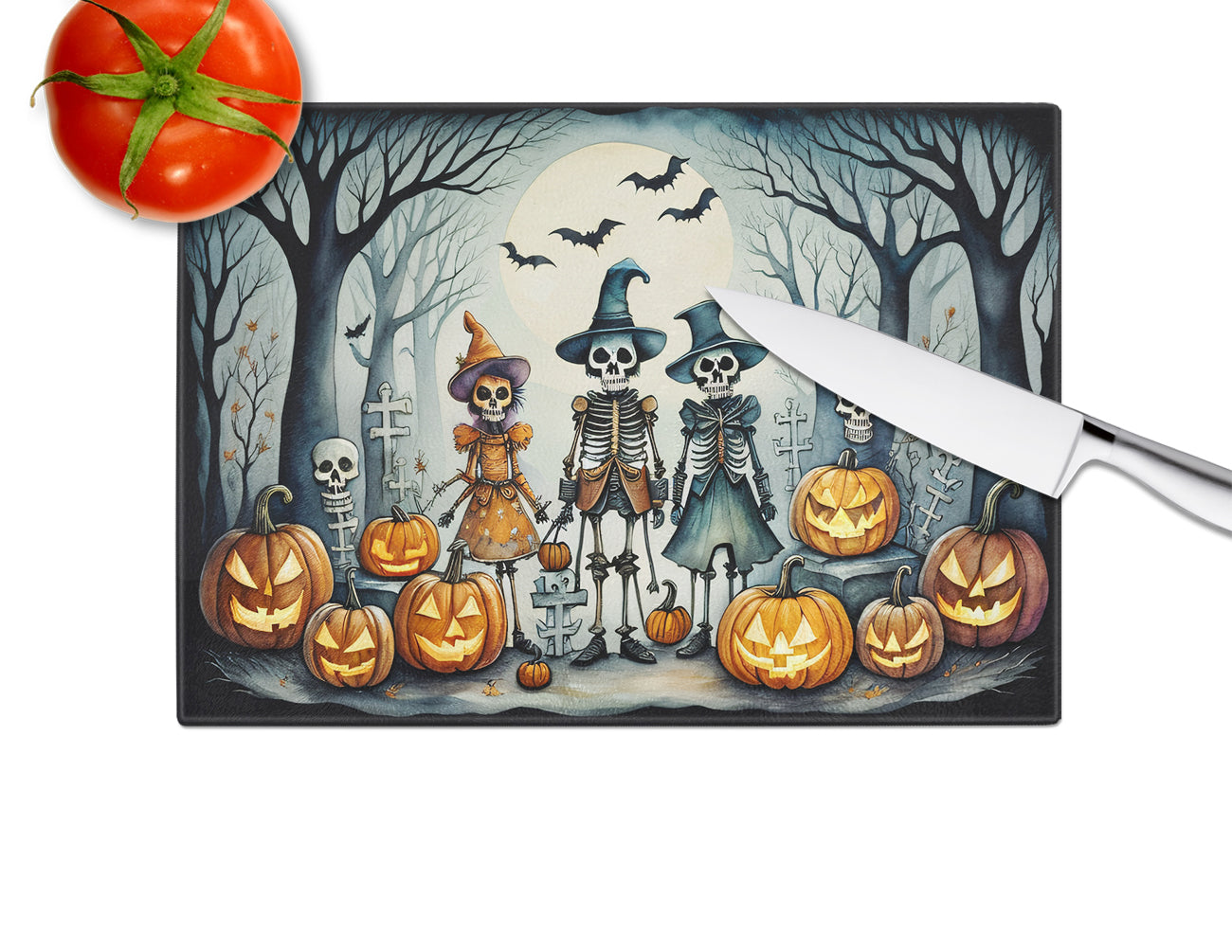 Calacas Skeletons Spooky Halloween Glass Cutting Board