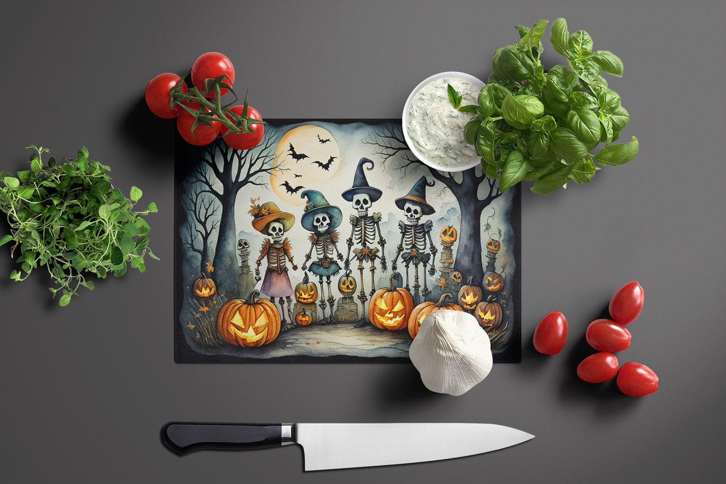 Calacas Skeletons Spooky Halloween Glass Cutting Board