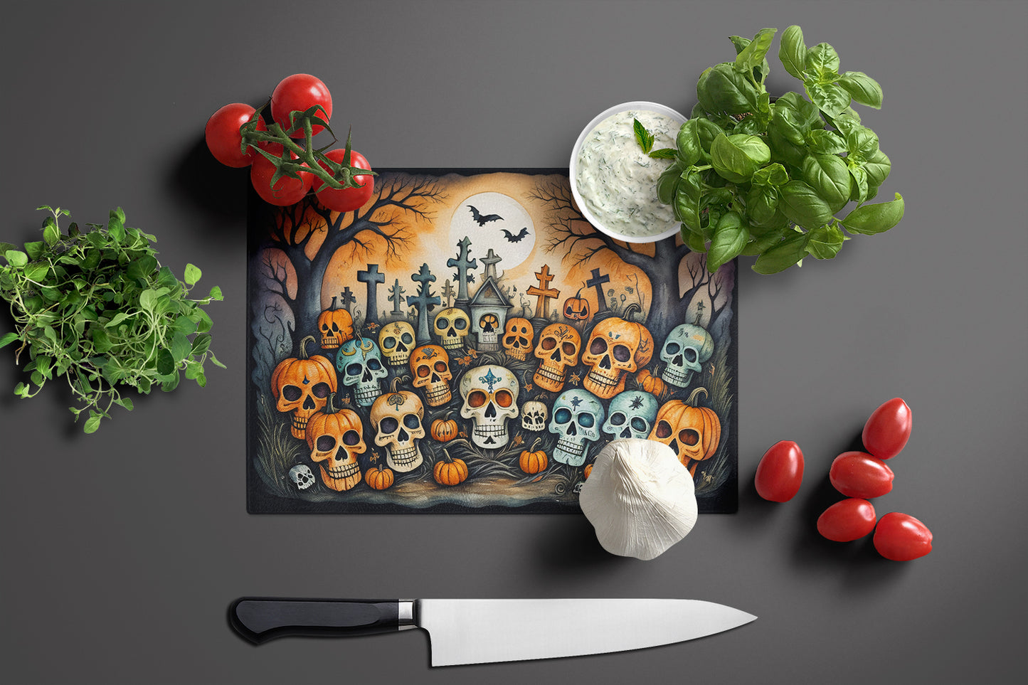 Calaveras Sugar Skulls Spooky Halloween Glass Cutting Board