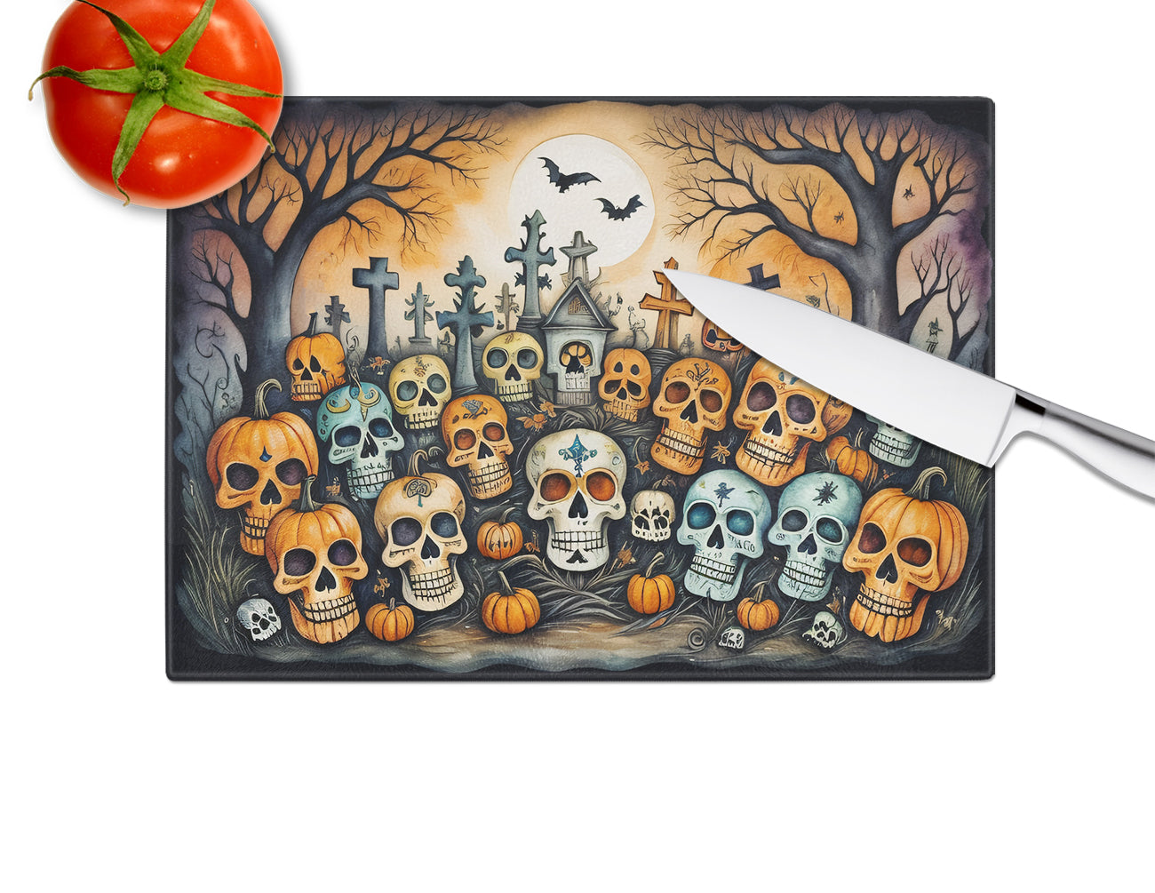 Calaveras Sugar Skulls Spooky Halloween Glass Cutting Board