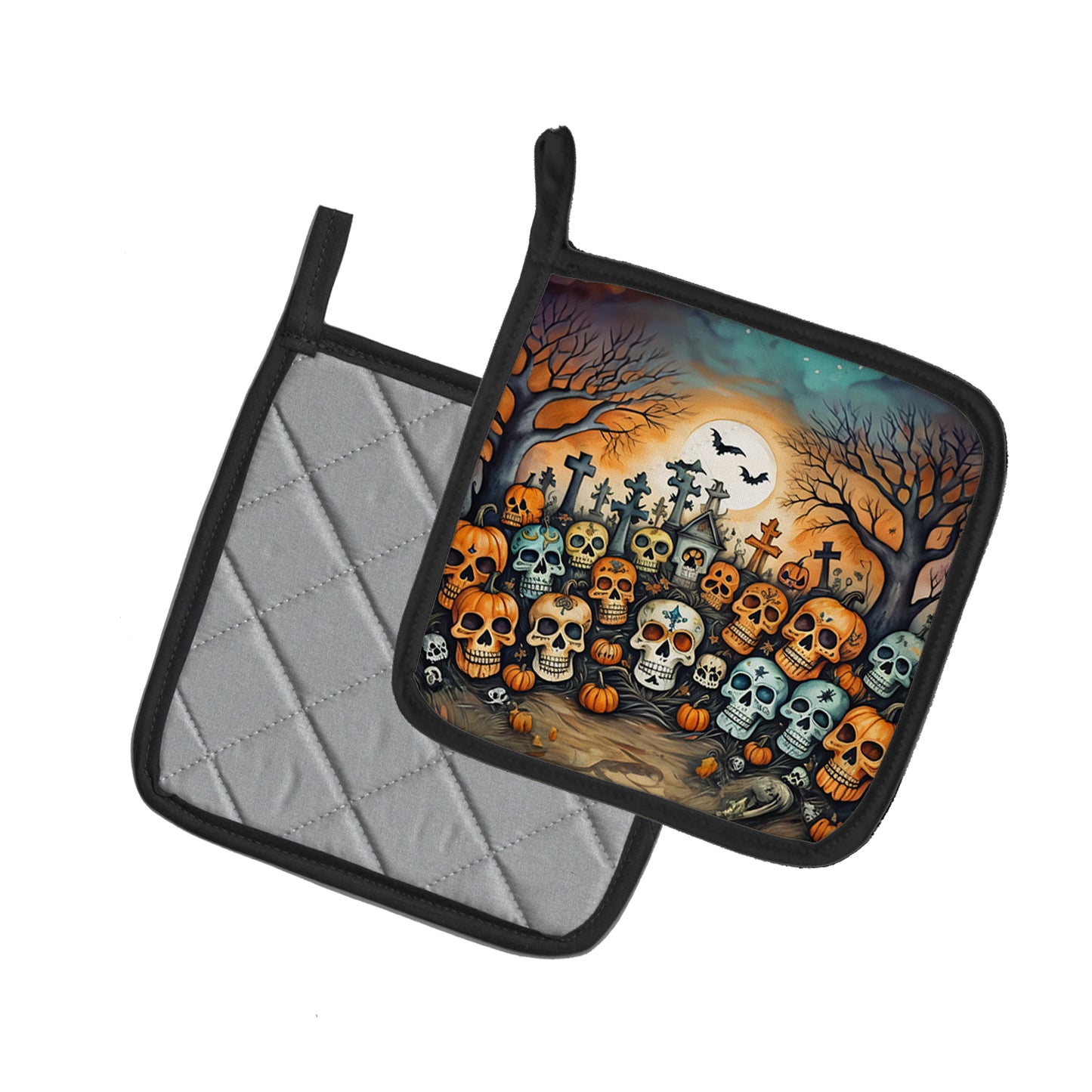 Calaveras Sugar Skulls Spooky Halloween Pair of Pot Holders
