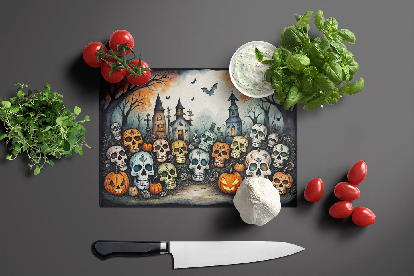 Calaveras Sugar Skulls Spooky Halloween Glass Cutting Board