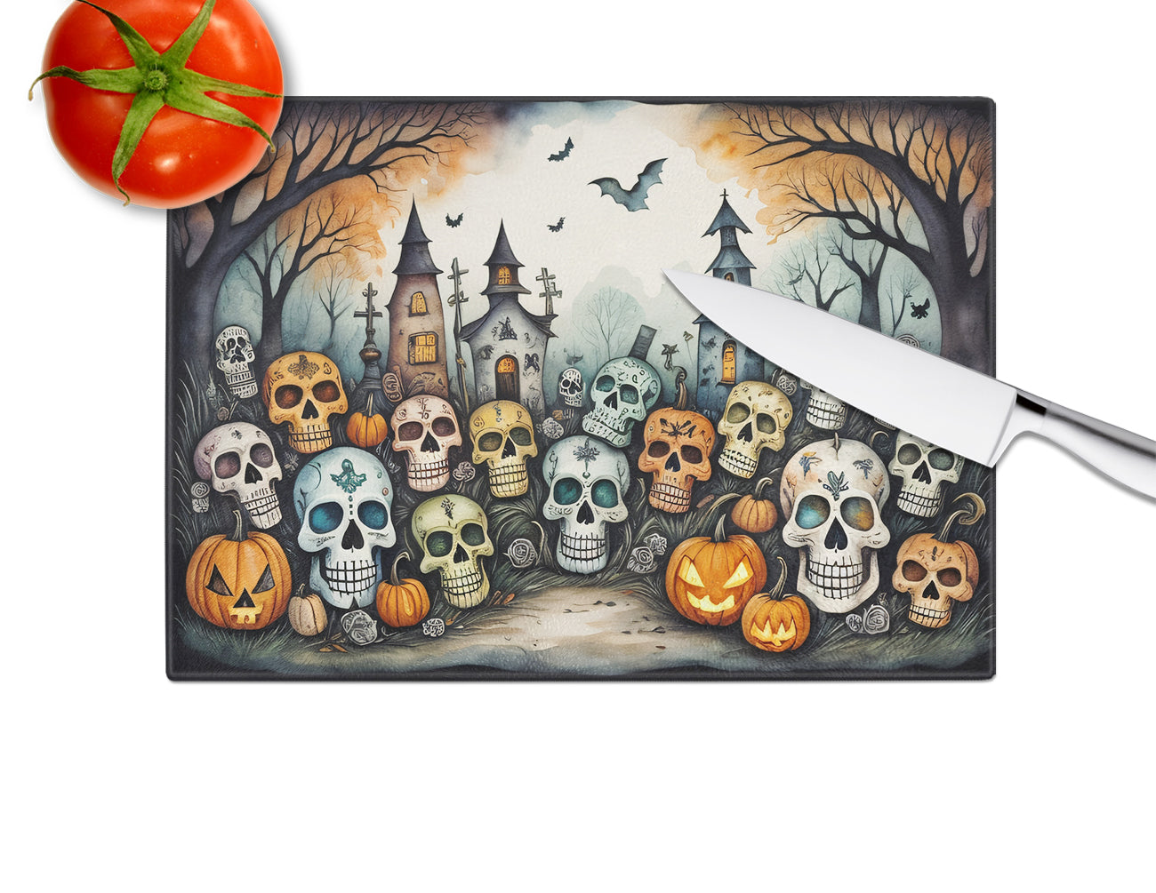 Calaveras Sugar Skulls Spooky Halloween Glass Cutting Board