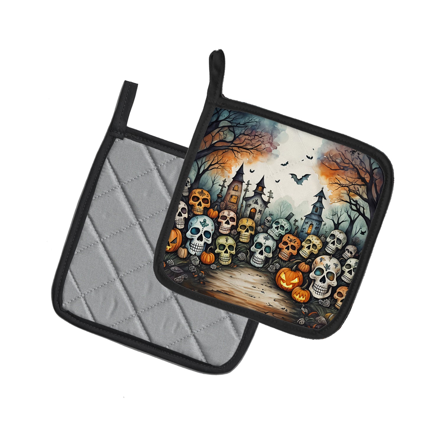 Calaveras Sugar Skulls Spooky Halloween Pair of Pot Holders