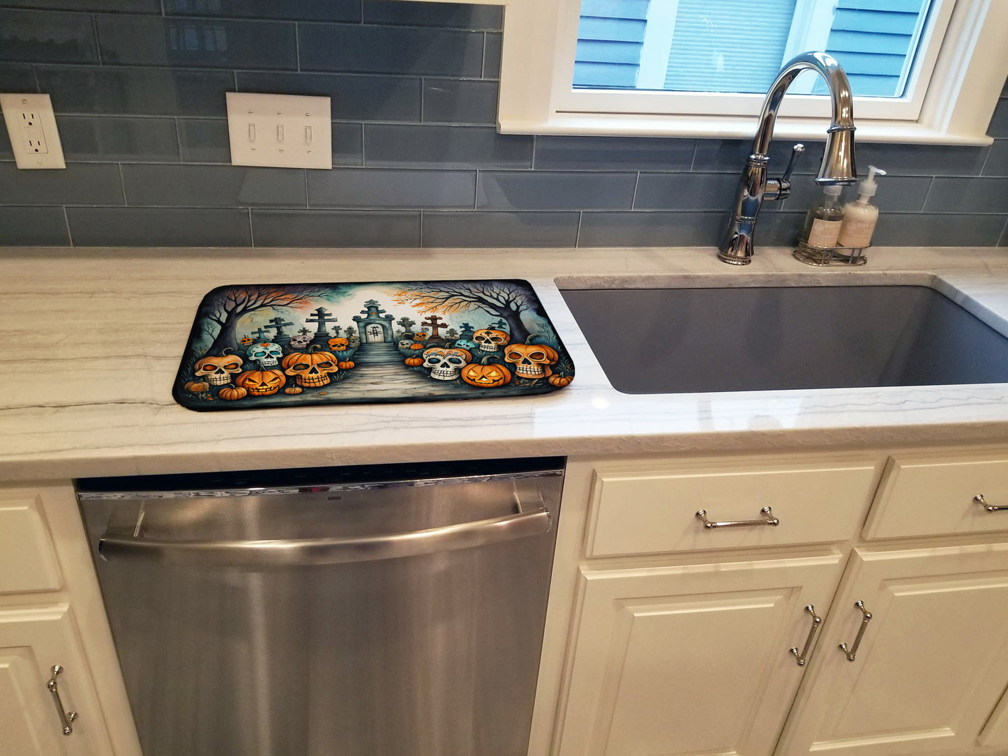 Calaveras Sugar Skulls Spooky Halloween Dish Drying Mat