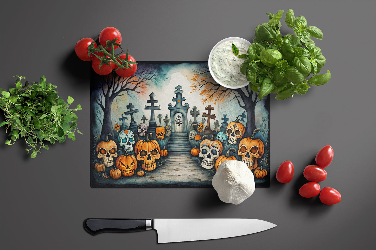 Calaveras Sugar Skulls Spooky Halloween Glass Cutting Board