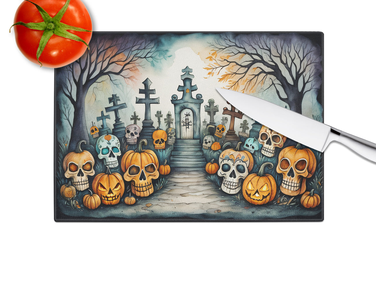 Calaveras Sugar Skulls Spooky Halloween Glass Cutting Board