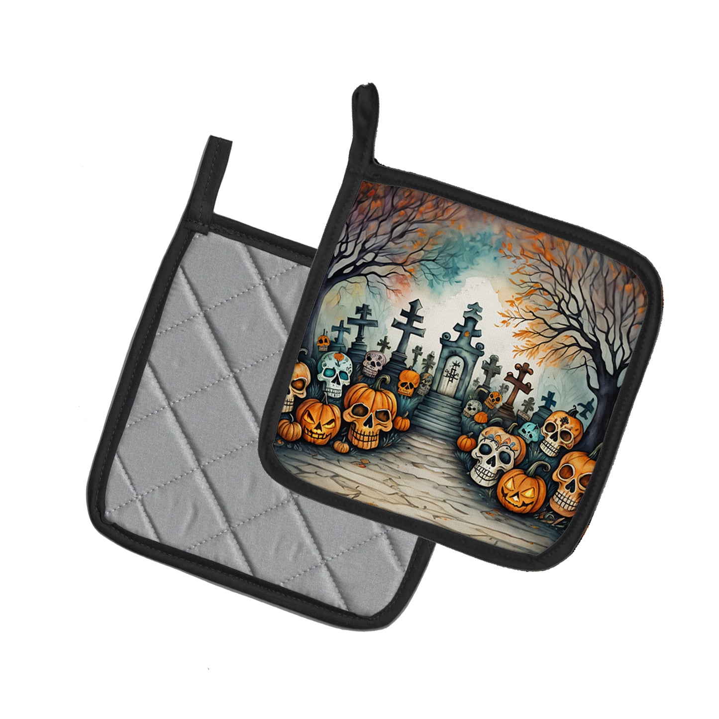 Calaveras Sugar Skulls Spooky Halloween Pair of Pot Holders