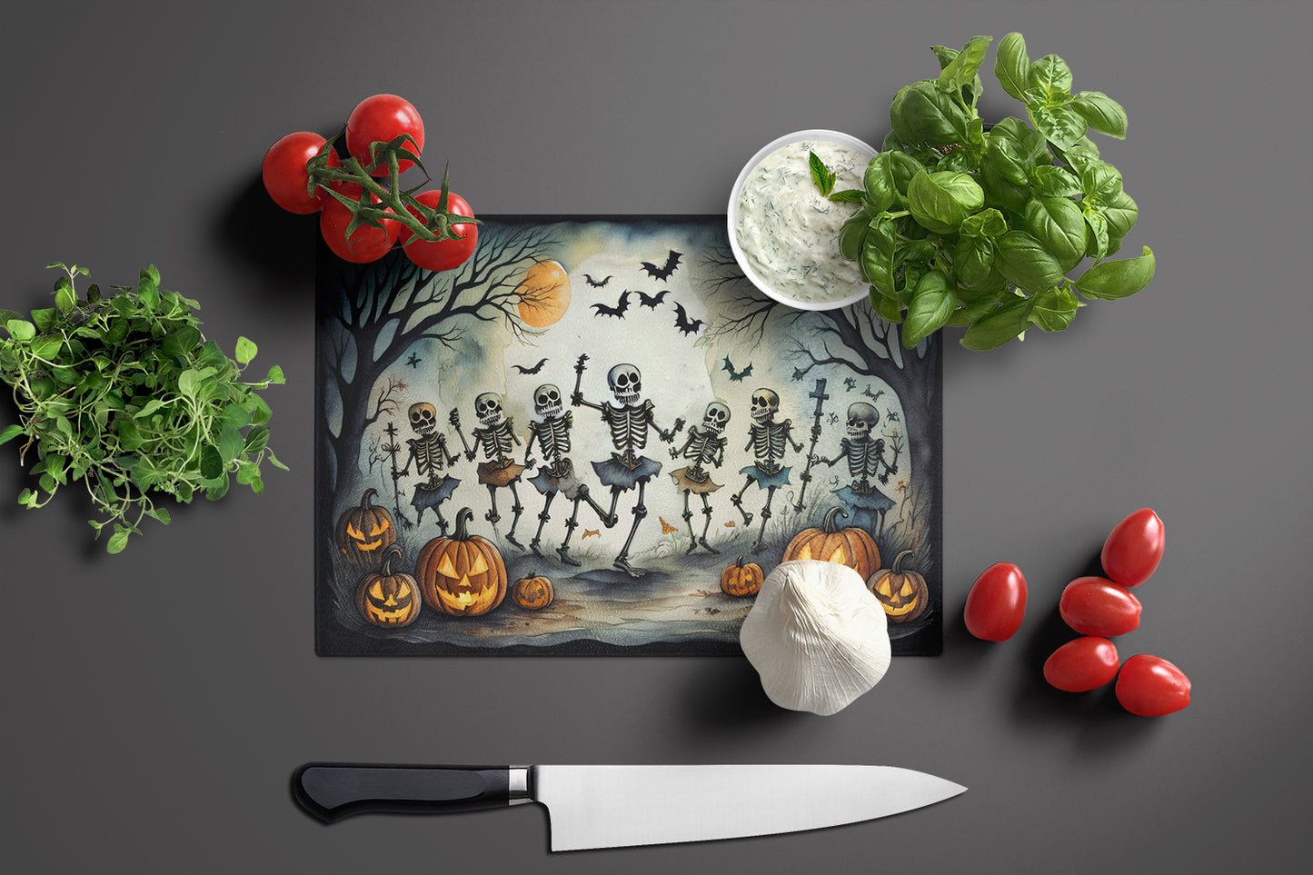 Dancing Skeletons Spooky Halloween Glass Cutting Board