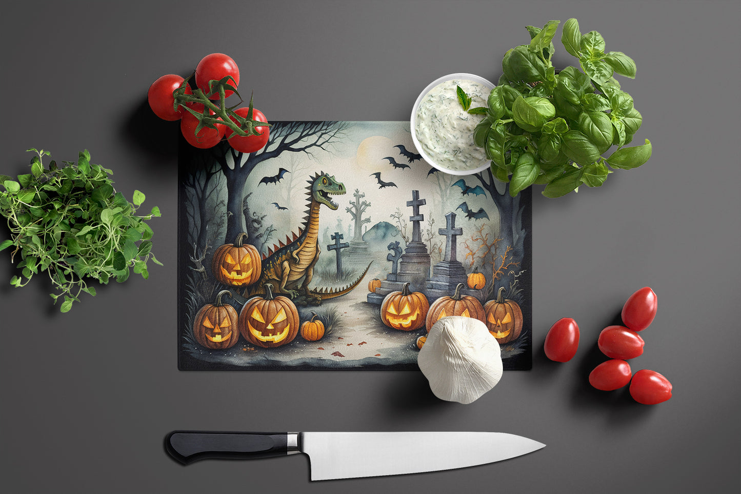 Dinosaurs Spooky Halloween Glass Cutting Board