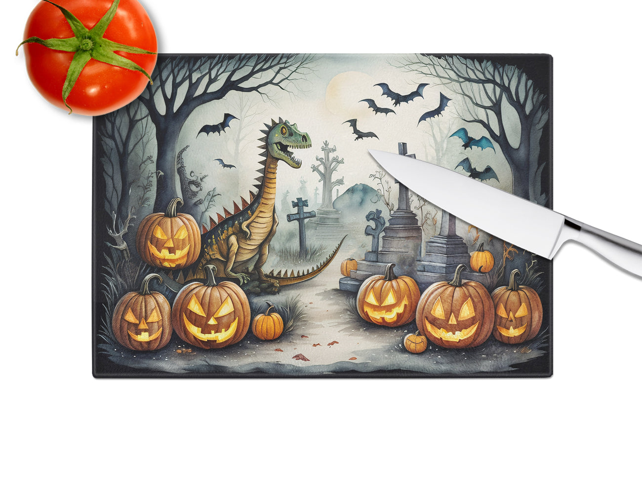 Dinosaurs Spooky Halloween Glass Cutting Board