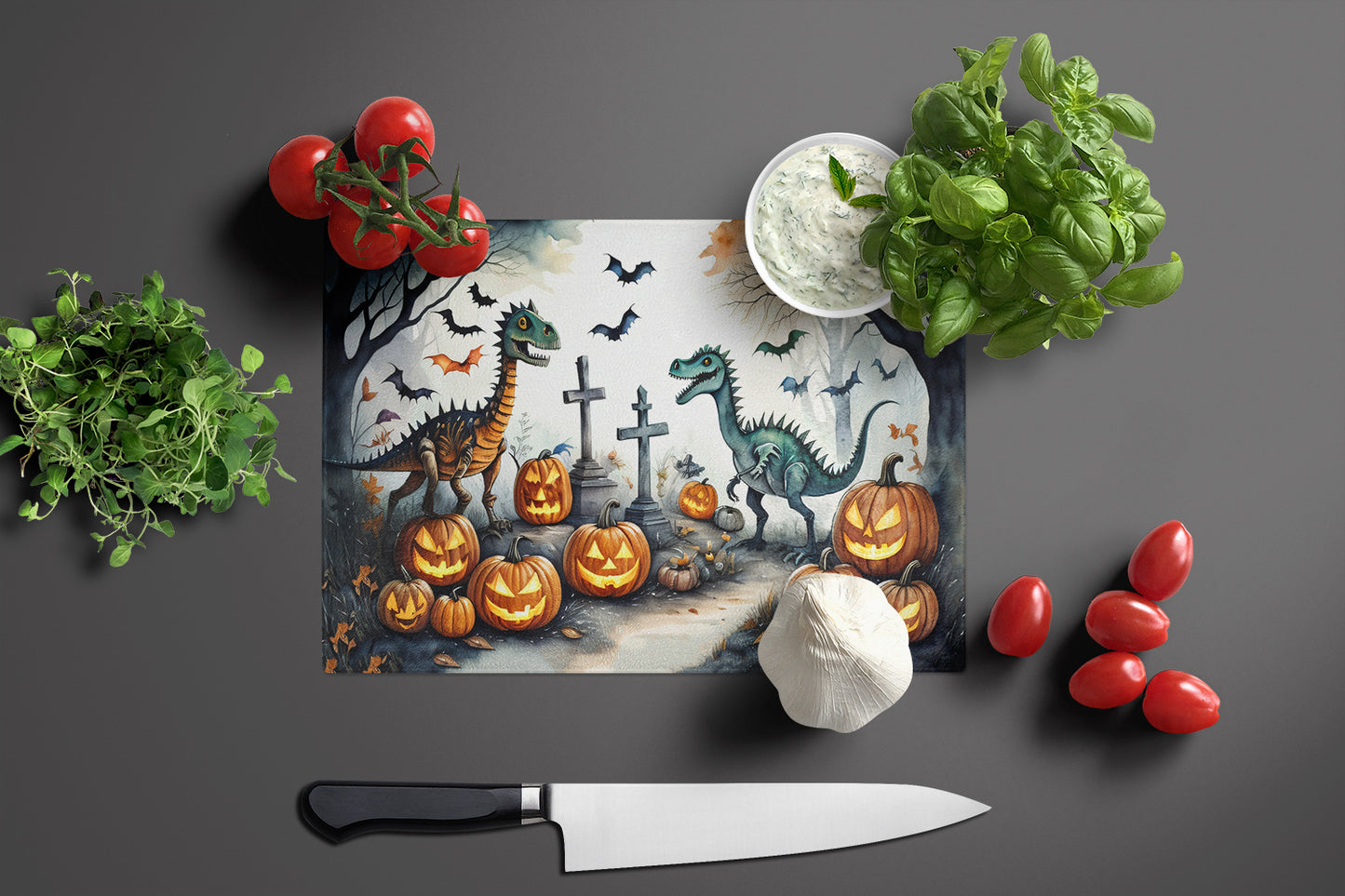 Dinosaurs Spooky Halloween Glass Cutting Board