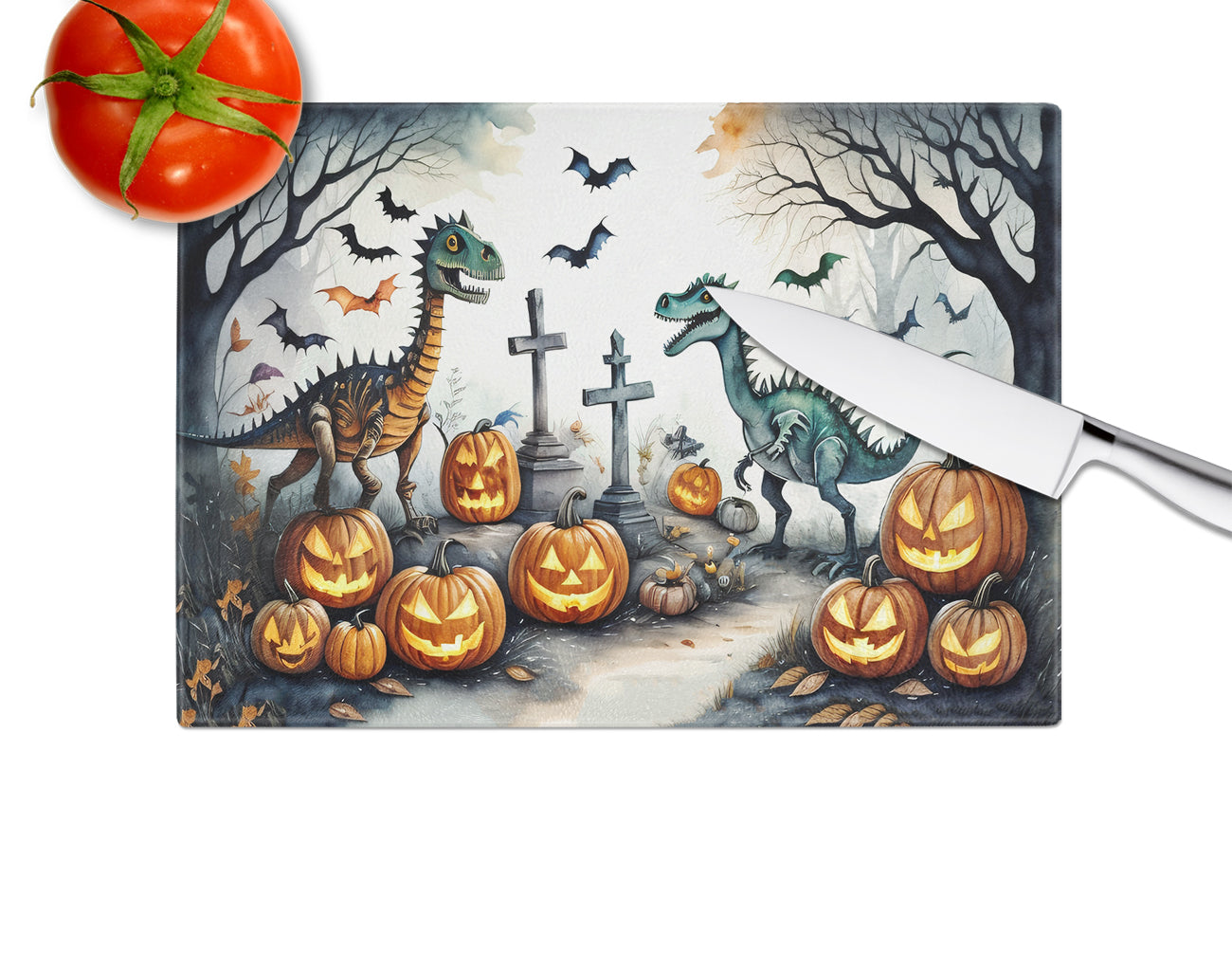 Dinosaurs Spooky Halloween Glass Cutting Board