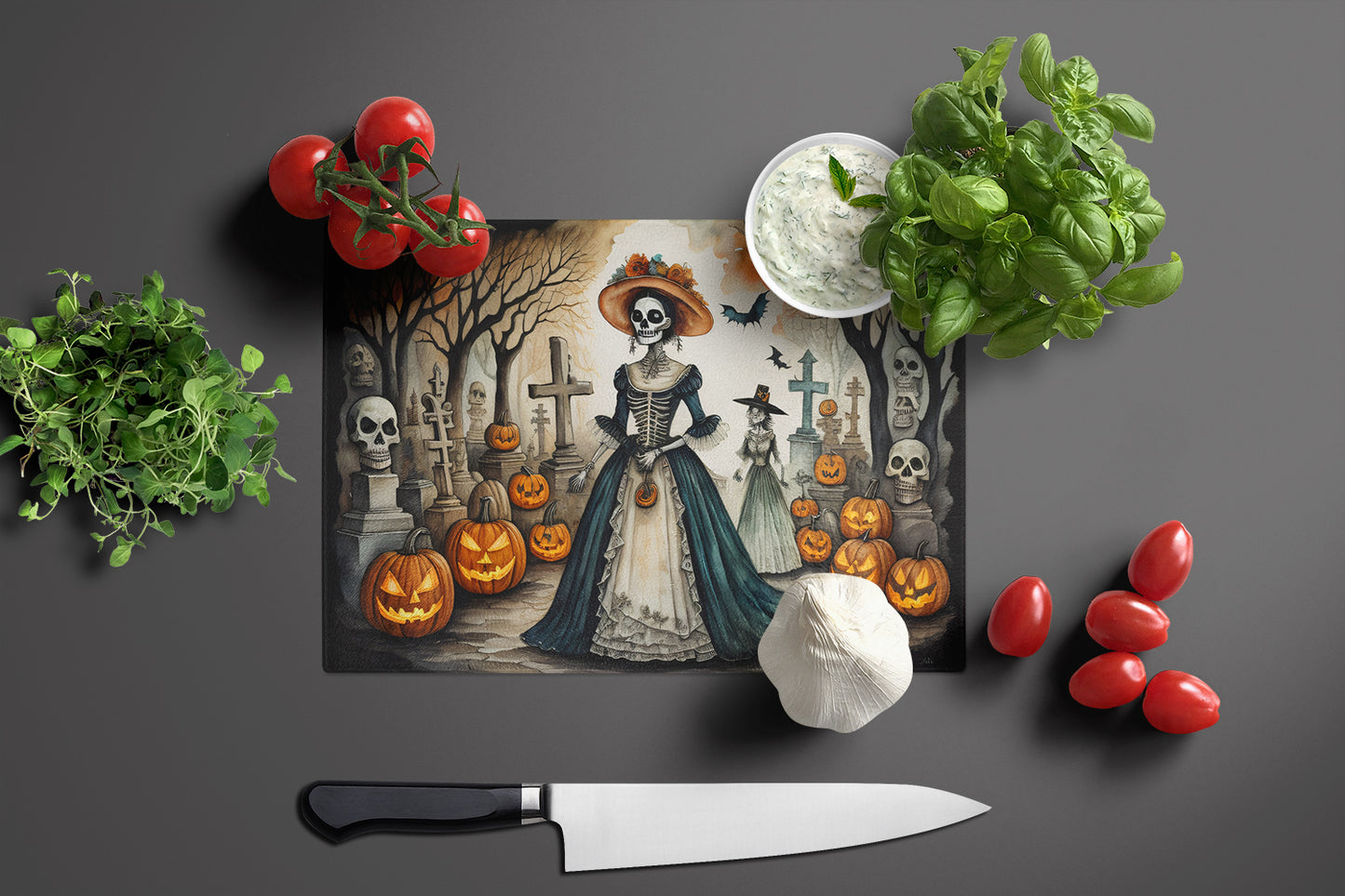 La Catrina Skeleton Spooky Halloween Glass Cutting Board