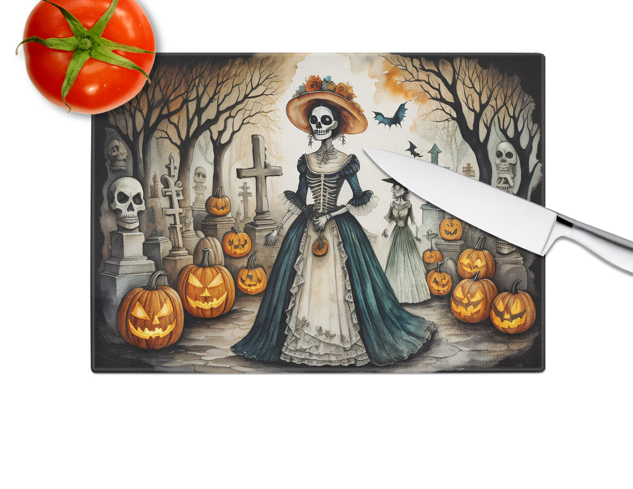 La Catrina Skeleton Spooky Halloween Glass Cutting Board