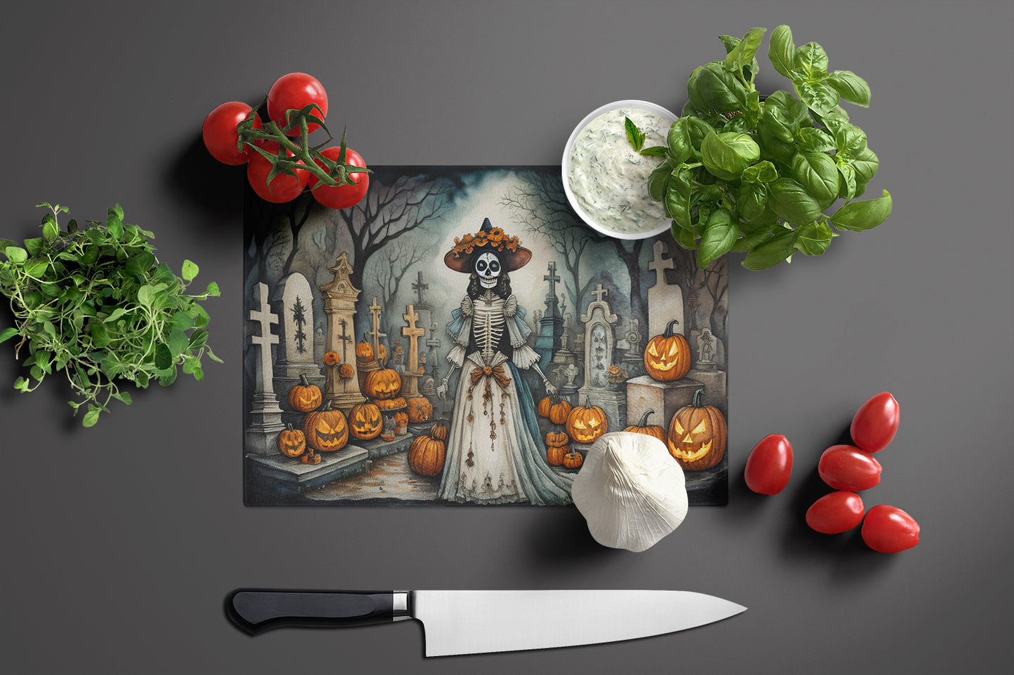 La Catrina Skeleton Spooky Halloween Glass Cutting Board