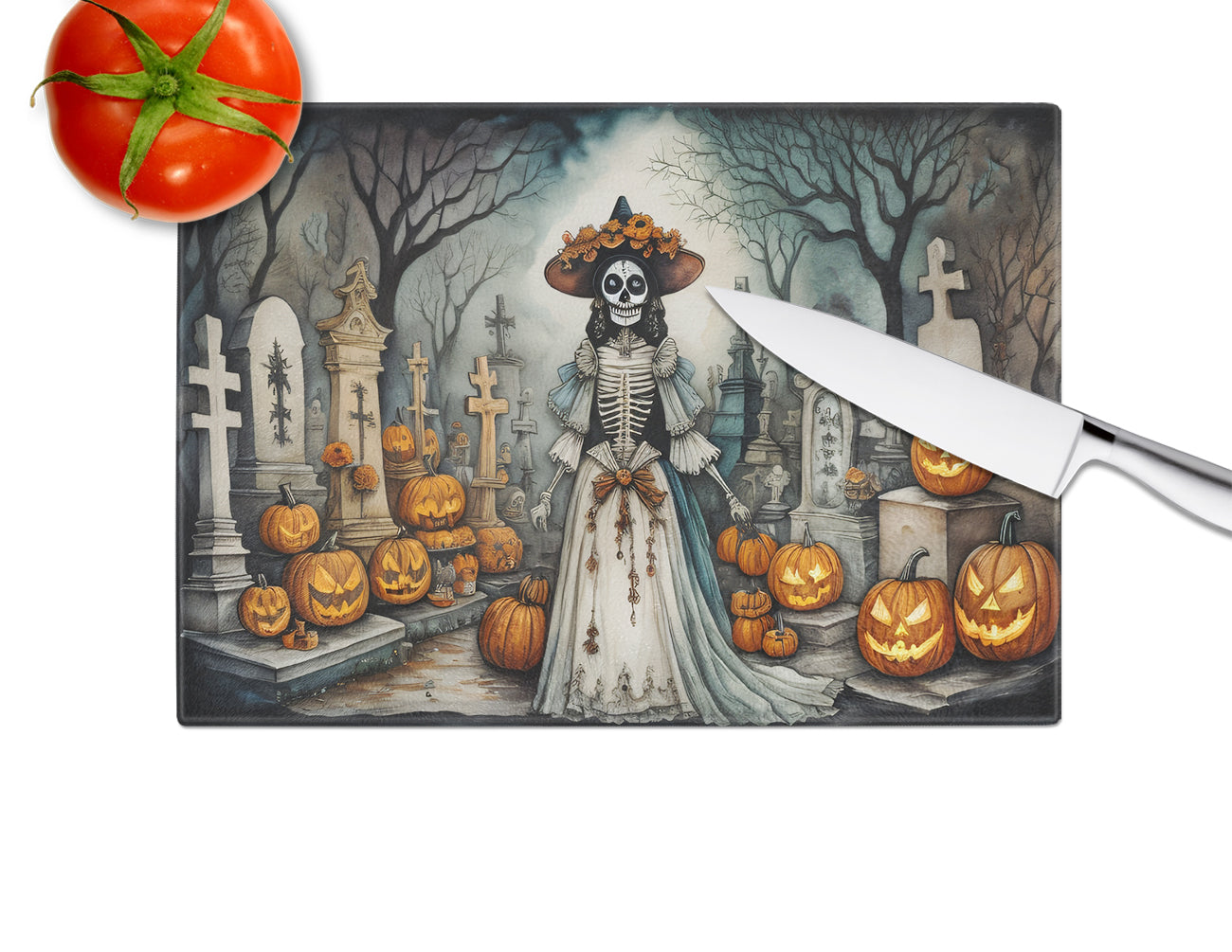 La Catrina Skeleton Spooky Halloween Glass Cutting Board