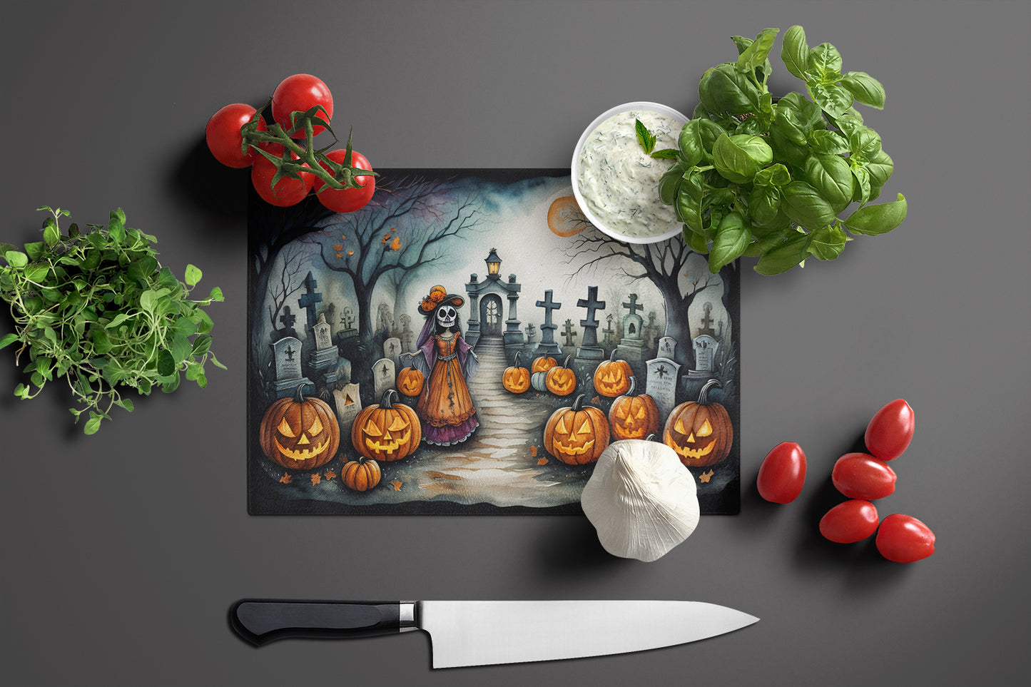 La Catrina Skeleton Spooky Halloween Glass Cutting Board