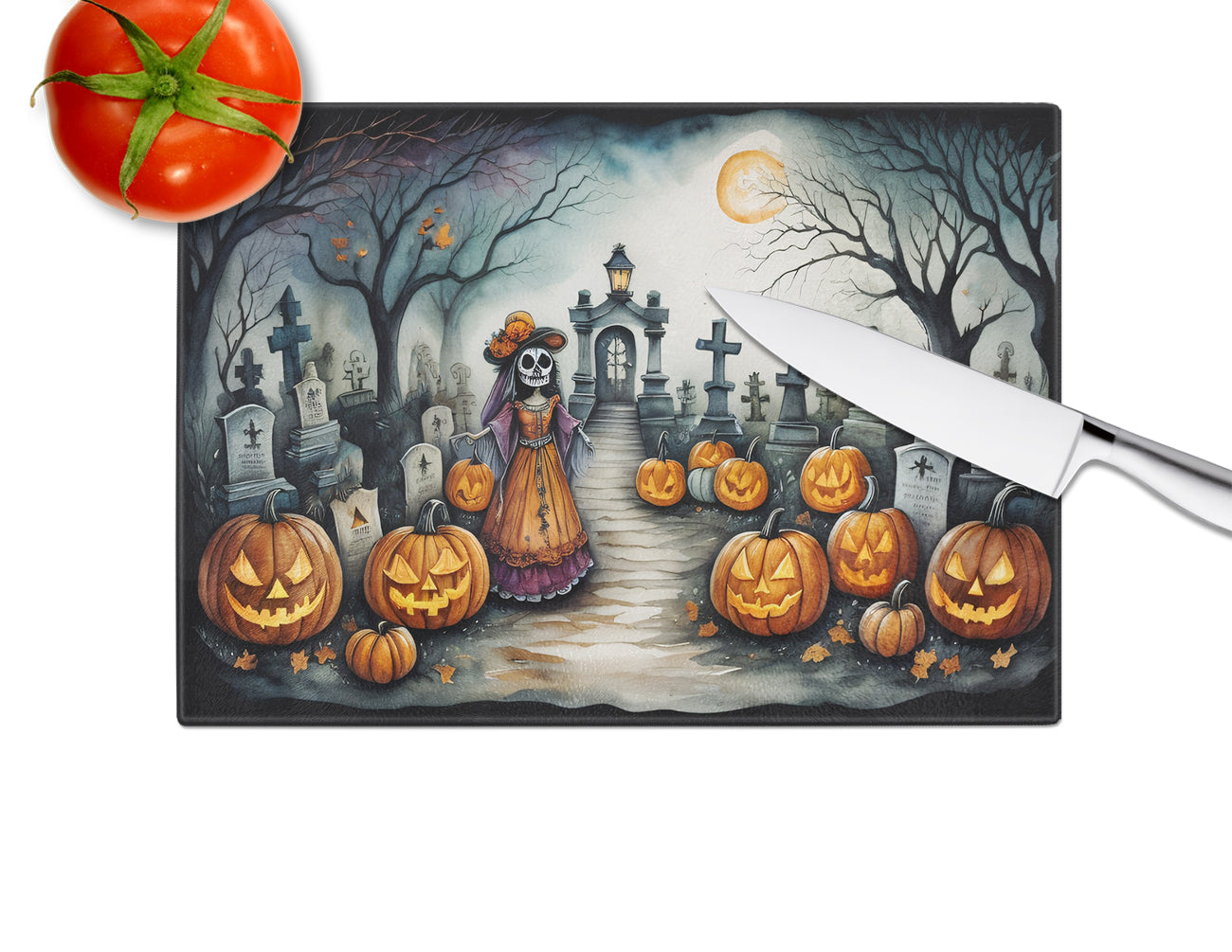 La Catrina Skeleton Spooky Halloween Glass Cutting Board