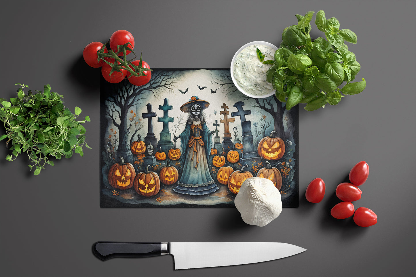 La Catrina Skeleton Spooky Halloween Glass Cutting Board