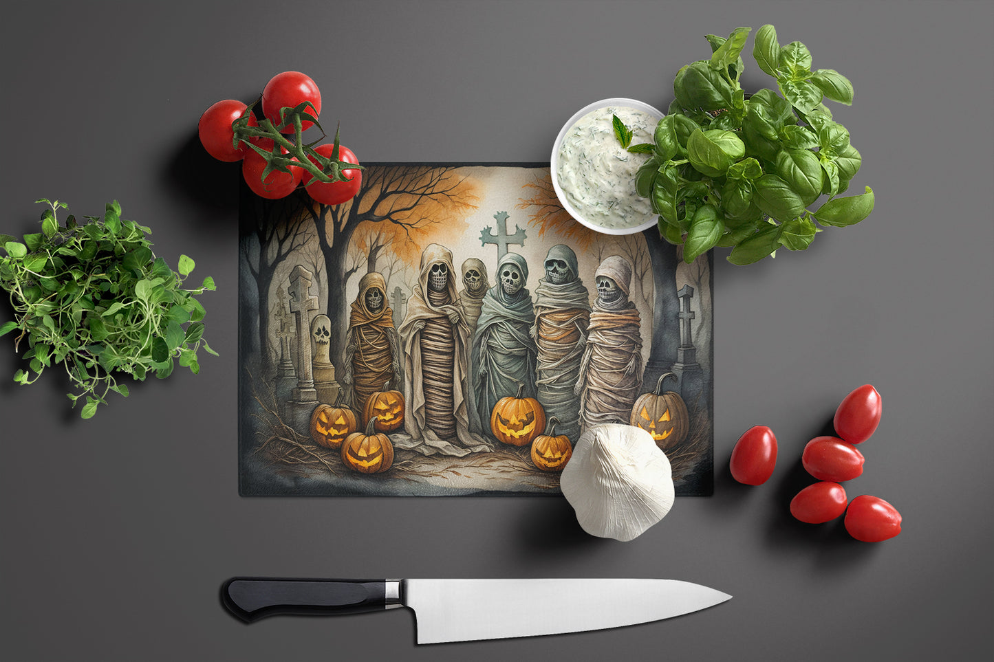 Mummies Spooky Halloween Glass Cutting Board