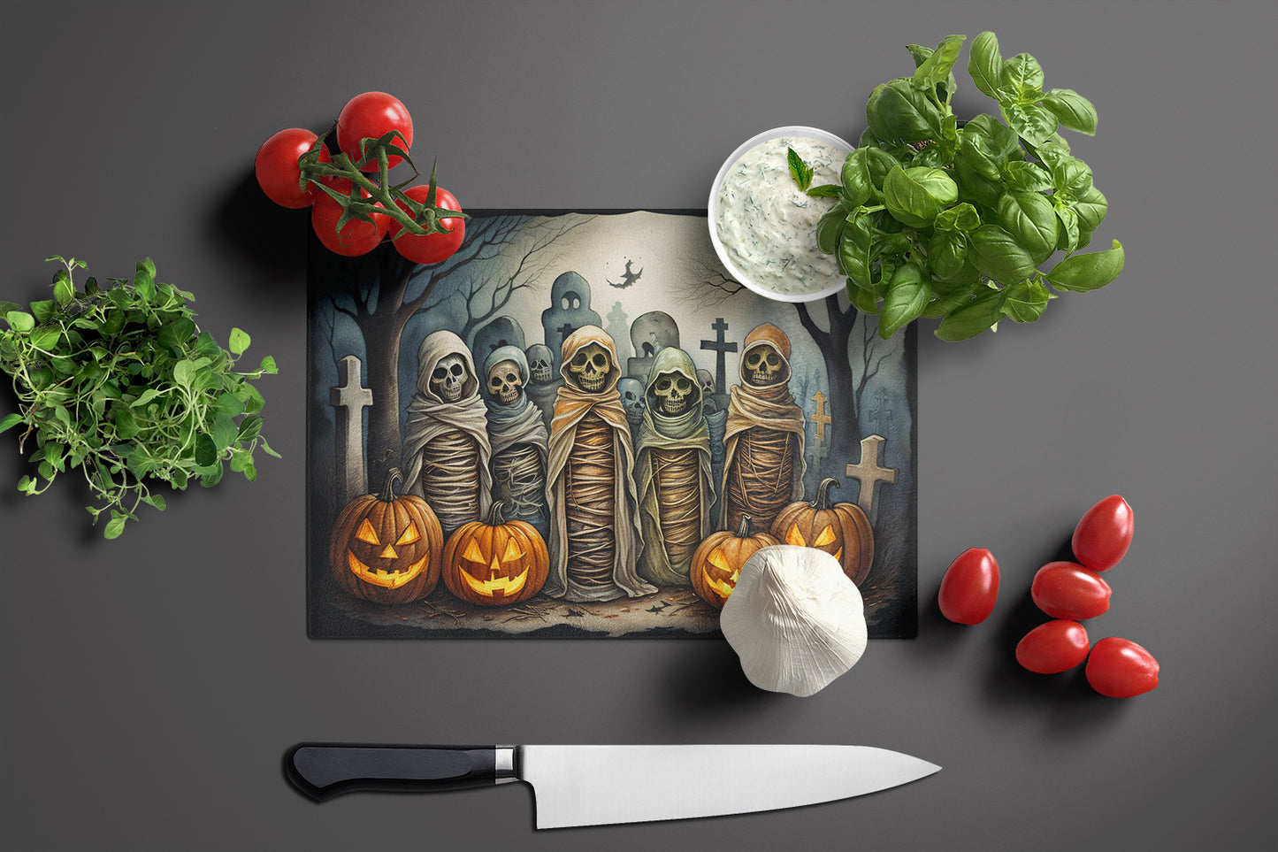 Mummies Spooky Halloween Glass Cutting Board