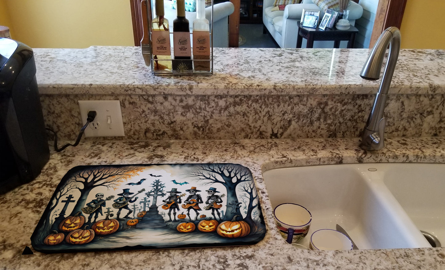 Mariachi Skeleton Band Spooky Halloween Dish Drying Mat