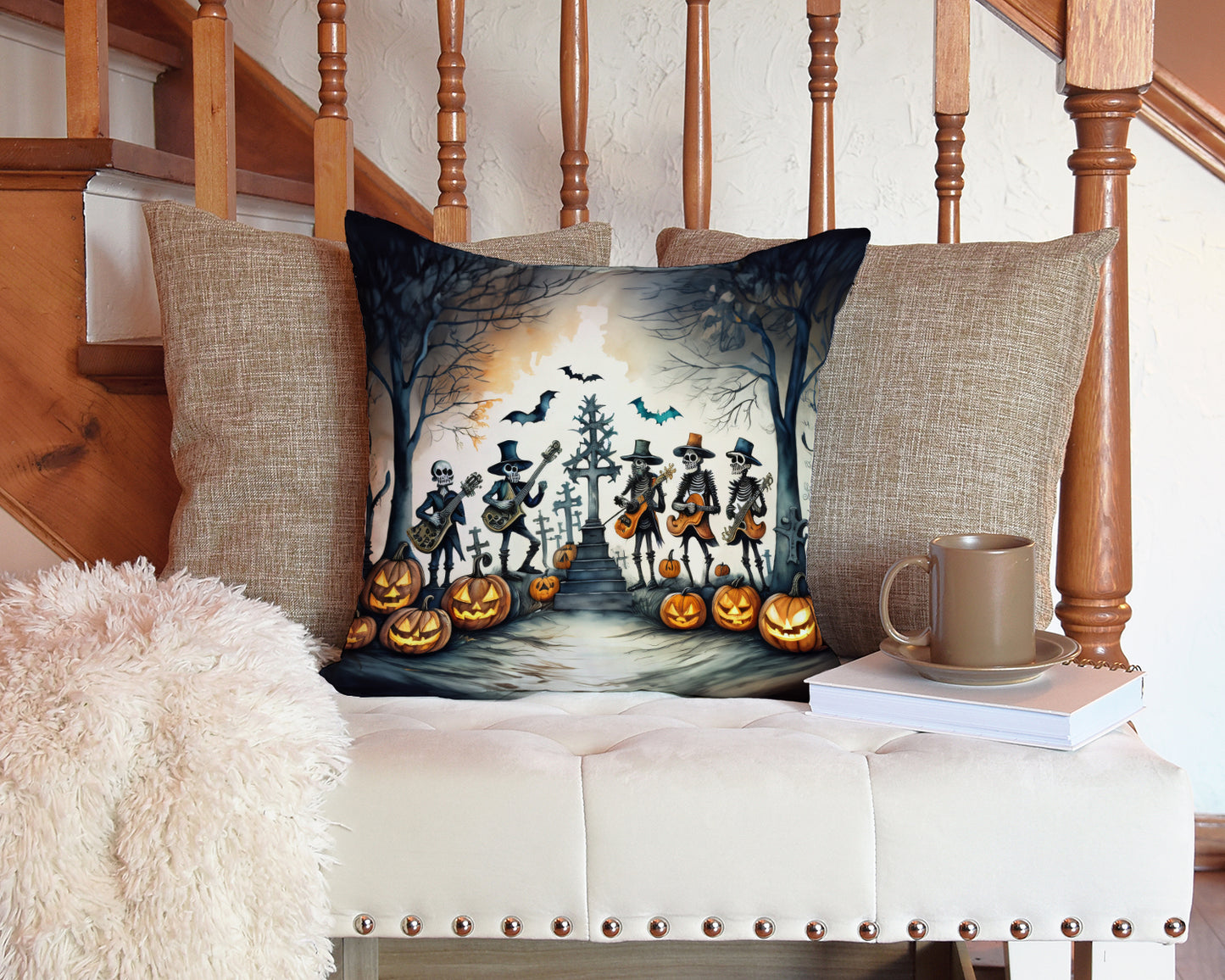 Mariachi Skeleton Band Spooky Halloween Throw Pillow