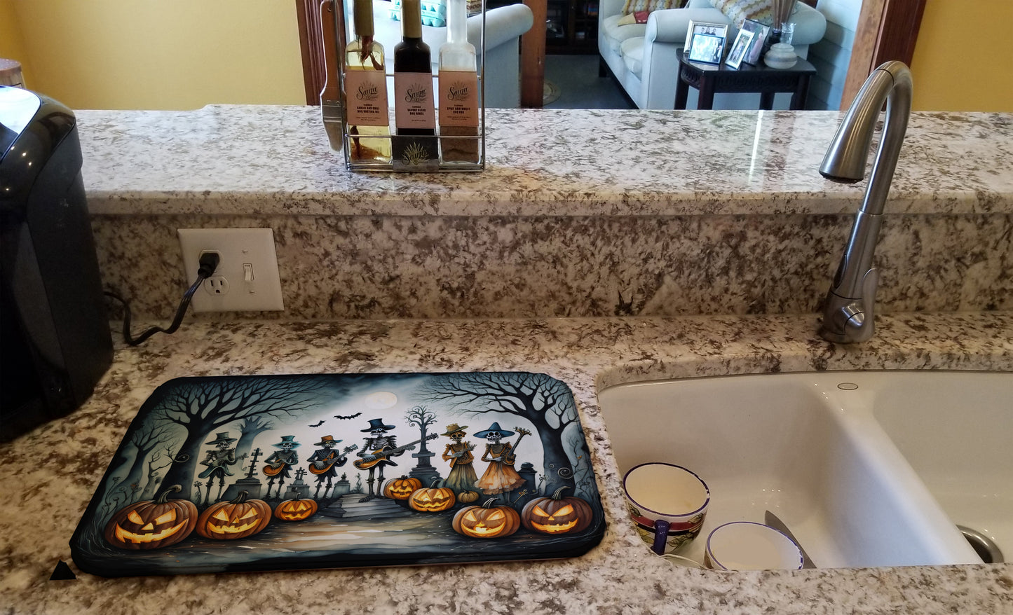 Mariachi Skeleton Band Spooky Halloween Dish Drying Mat