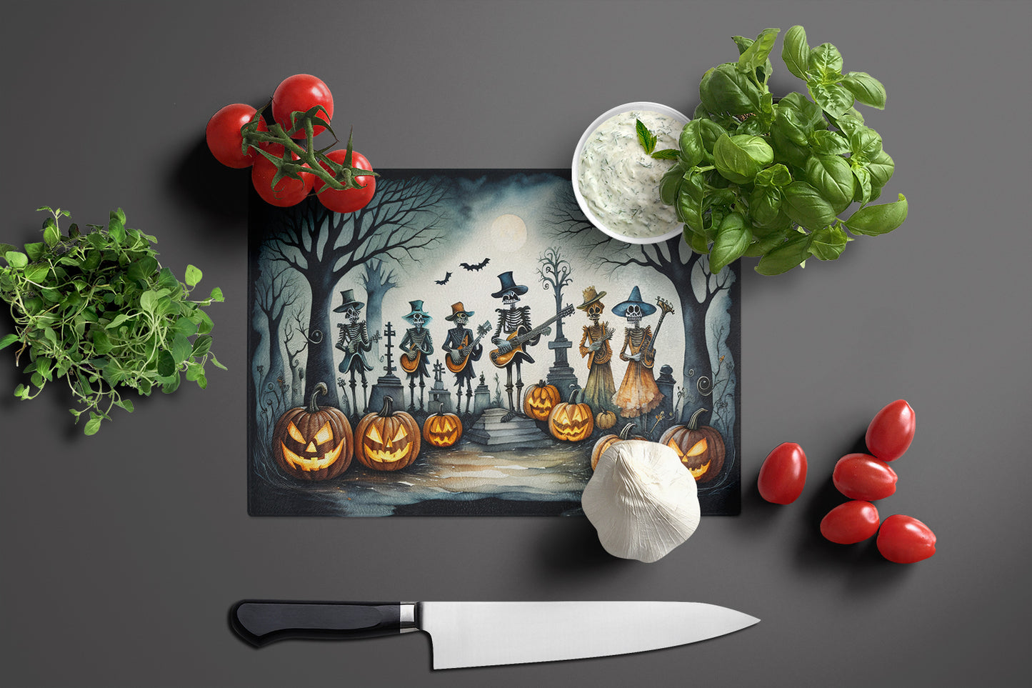 Mariachi Skeleton Band Spooky Halloween Glass Cutting Board