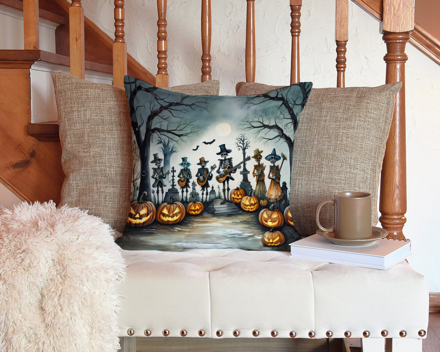 Mariachi Skeleton Band Spooky Halloween Throw Pillow