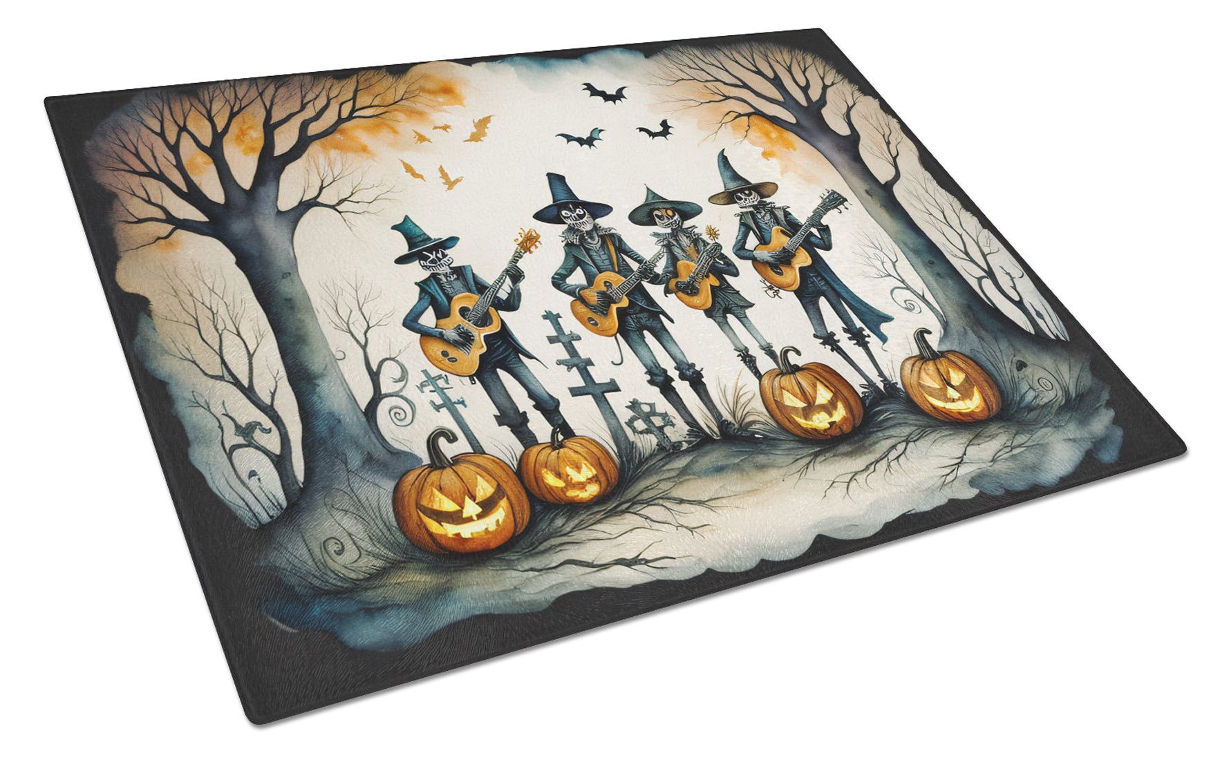 Buy this Mariachi Skeleton Band Spooky Halloween Glass Cutting Board