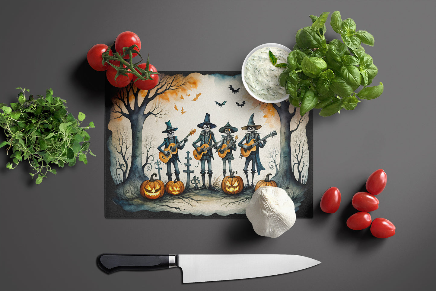 Mariachi Skeleton Band Spooky Halloween Glass Cutting Board