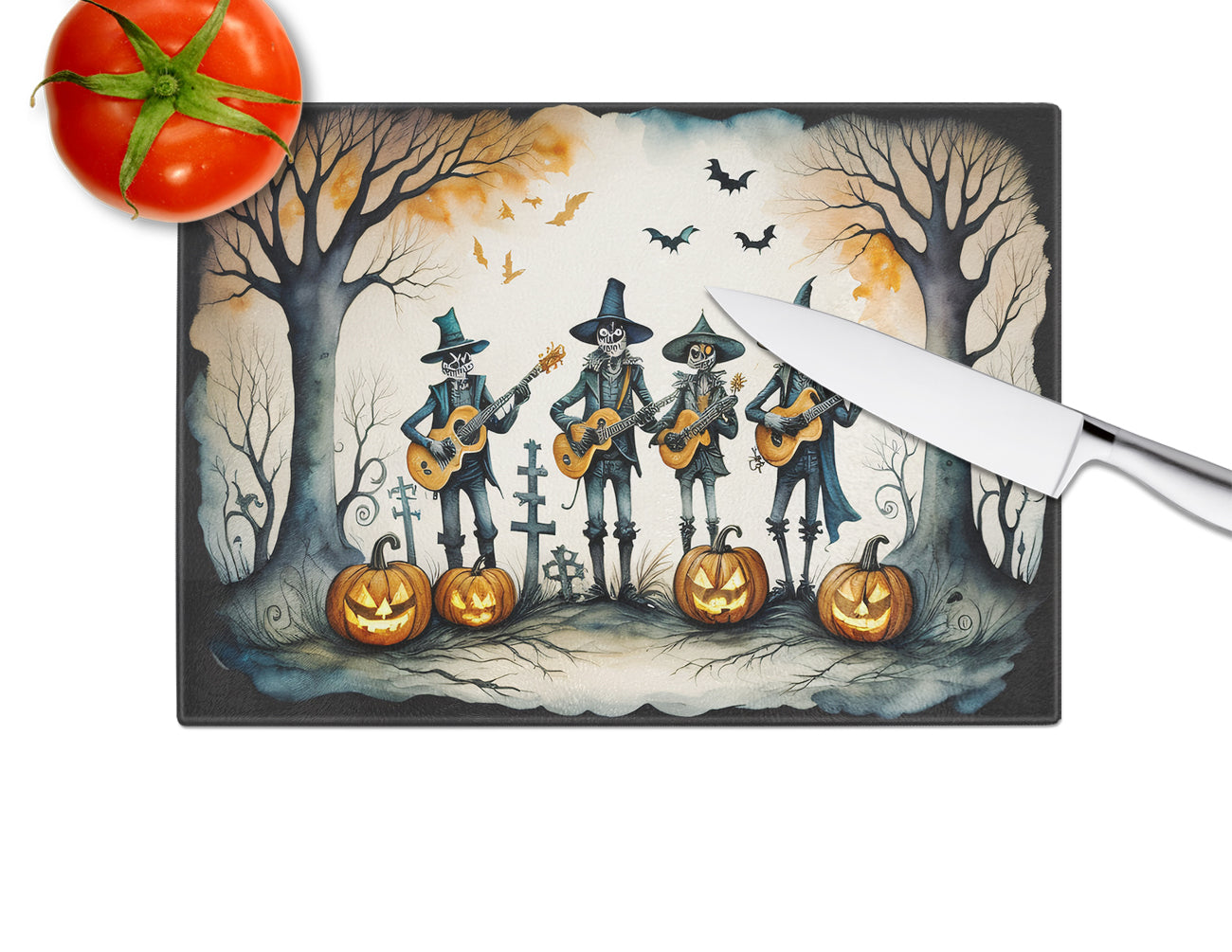 Mariachi Skeleton Band Spooky Halloween Glass Cutting Board