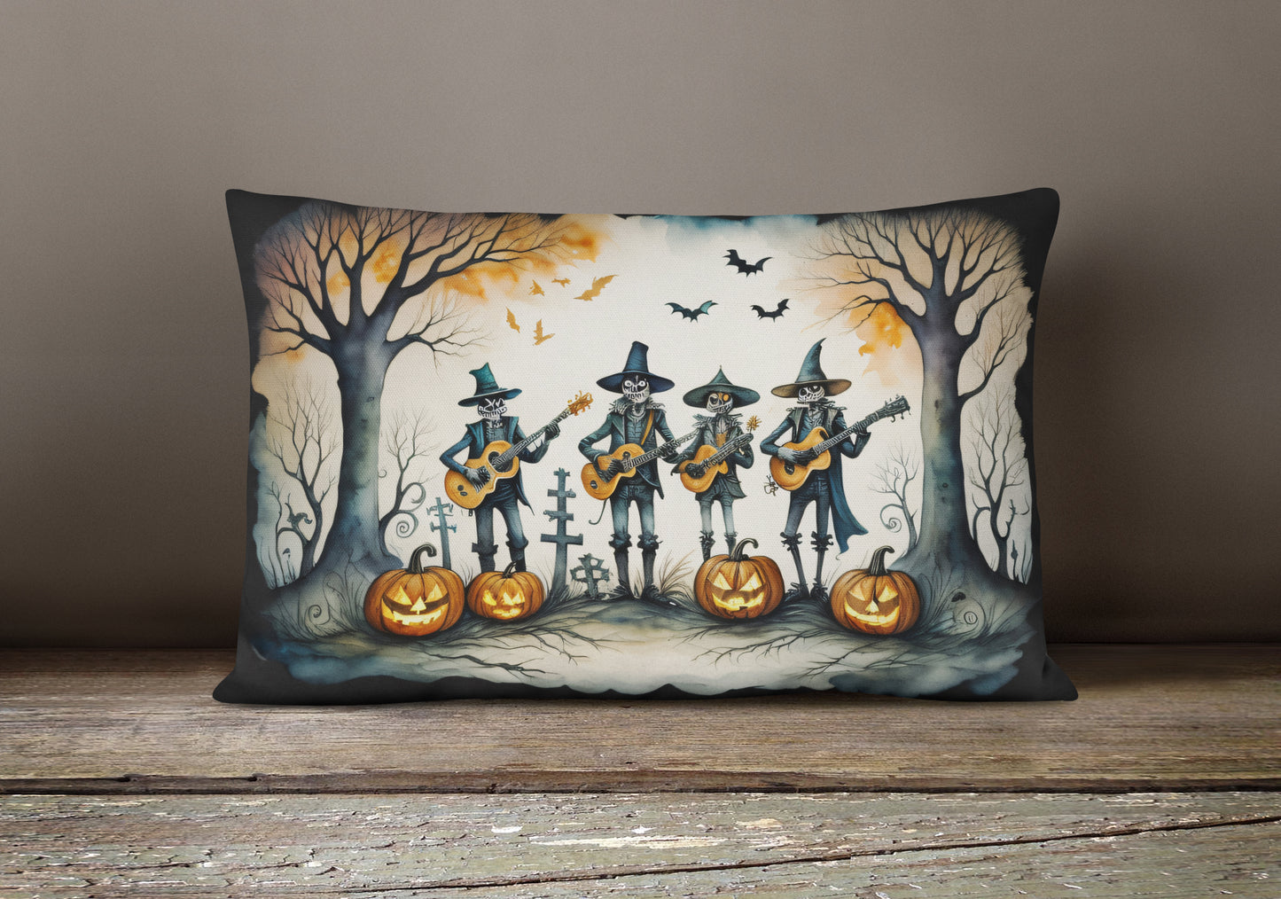 Mariachi Skeleton Band Spooky Halloween Throw Pillow