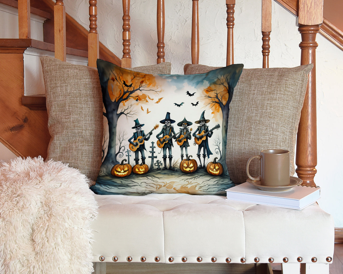 Mariachi Skeleton Band Spooky Halloween Throw Pillow