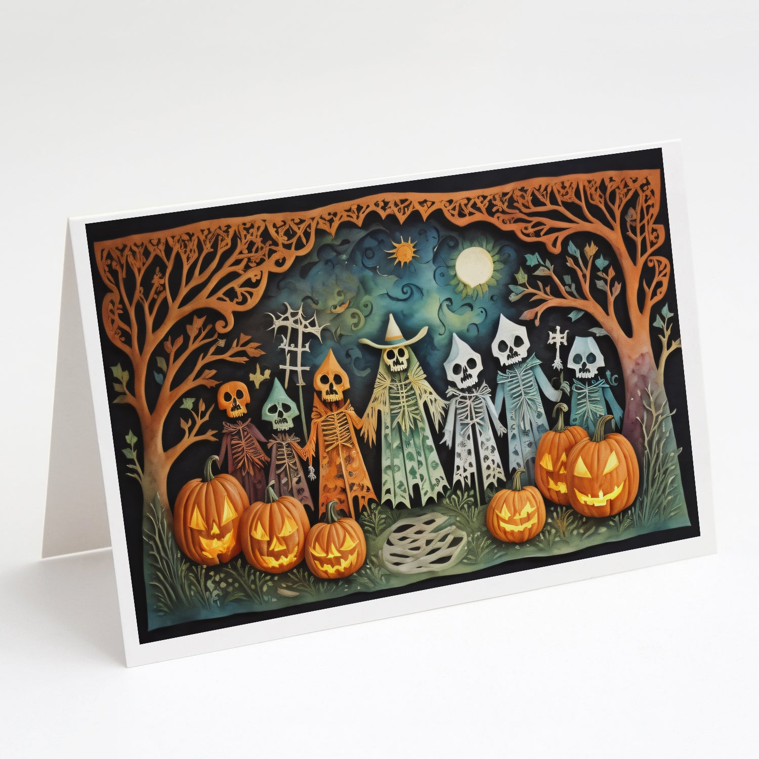 Buy this Papel Picado Skeletons Spooky Halloween Greeting Cards Pack of 8