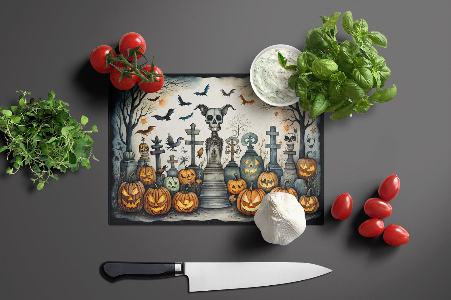 Pet Cemetery Spooky Halloween Glass Cutting Board