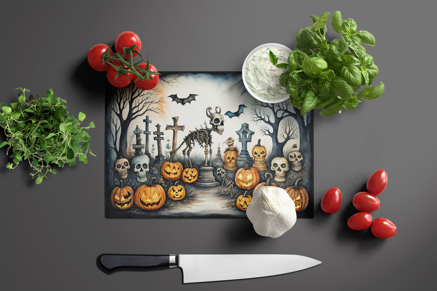 Pet Cemetery Spooky Halloween Glass Cutting Board