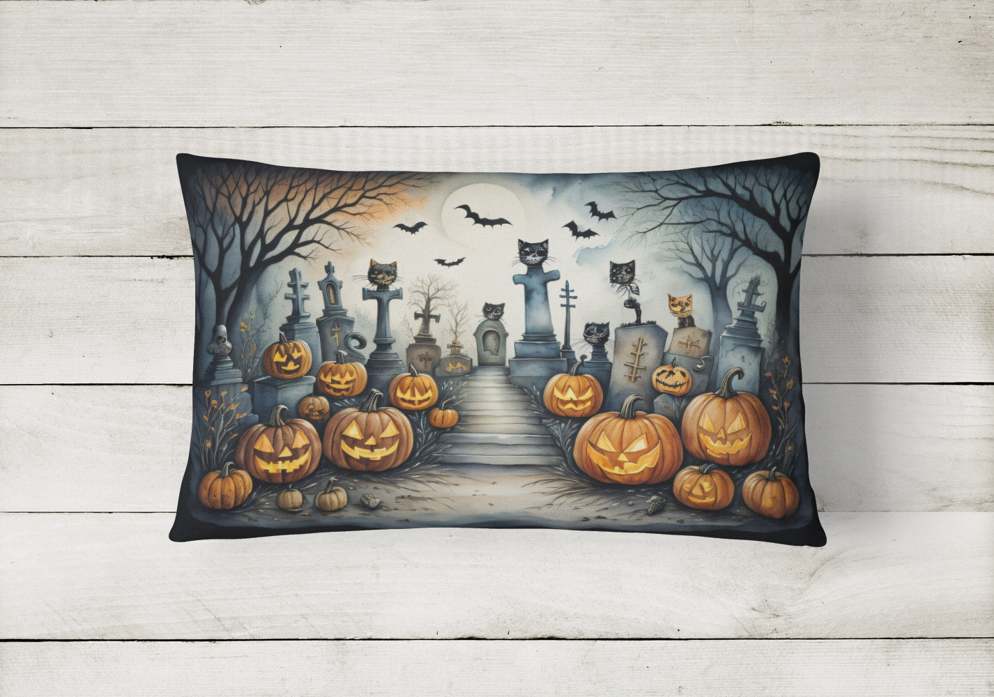 Cat Cemetery Spooky Halloween Throw Pillow