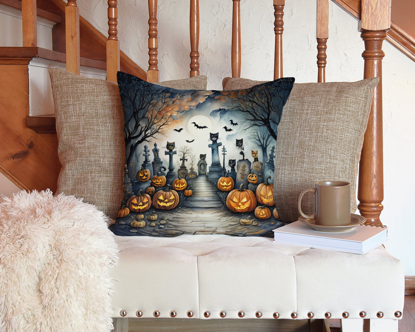 Cat Cemetery Spooky Halloween Throw Pillow