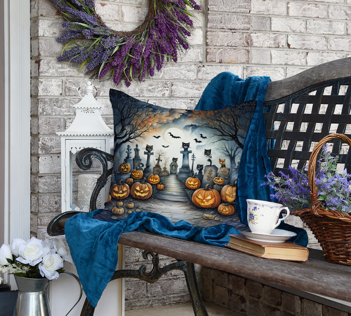 Cat Cemetery Spooky Halloween Throw Pillow