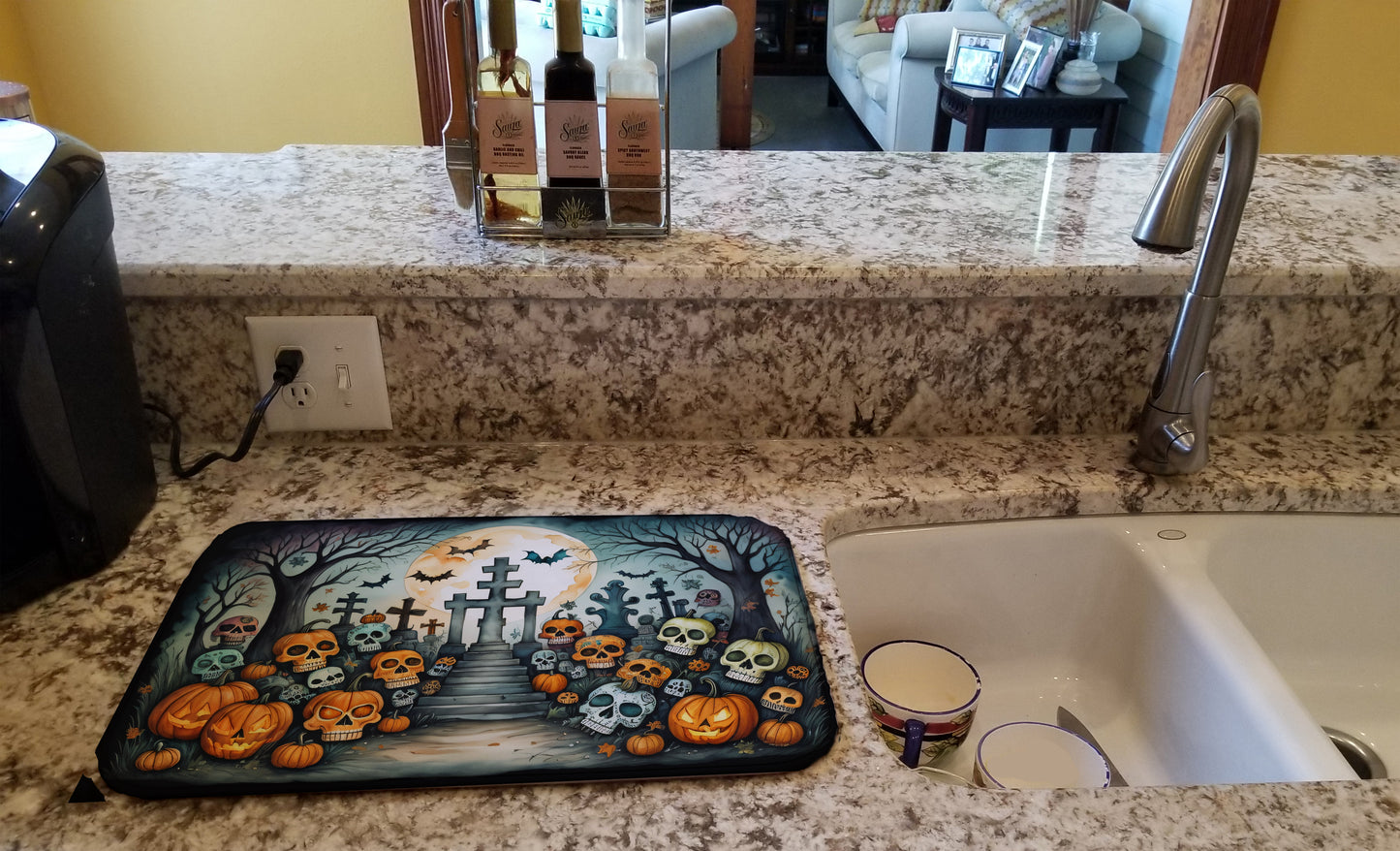 Calaveras Sugar Skulls Spooky Halloween Dish Drying Mat