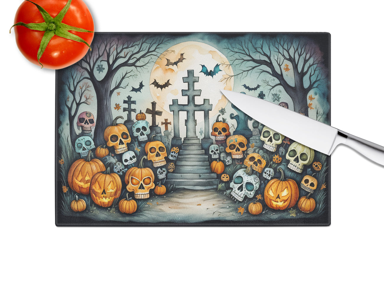 Calaveras Sugar Skulls Spooky Halloween Glass Cutting Board