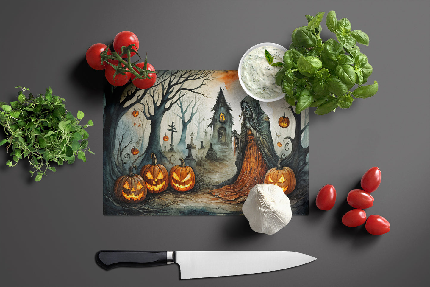 The Weeping Woman Spooky Halloween Glass Cutting Board