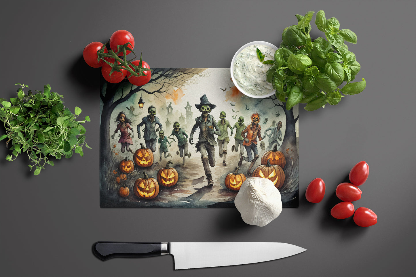 Zombies Spooky Halloween Glass Cutting Board