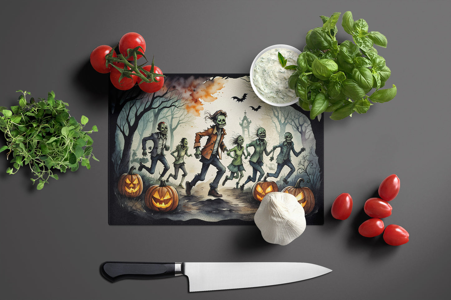 Zombies Spooky Halloween Glass Cutting Board