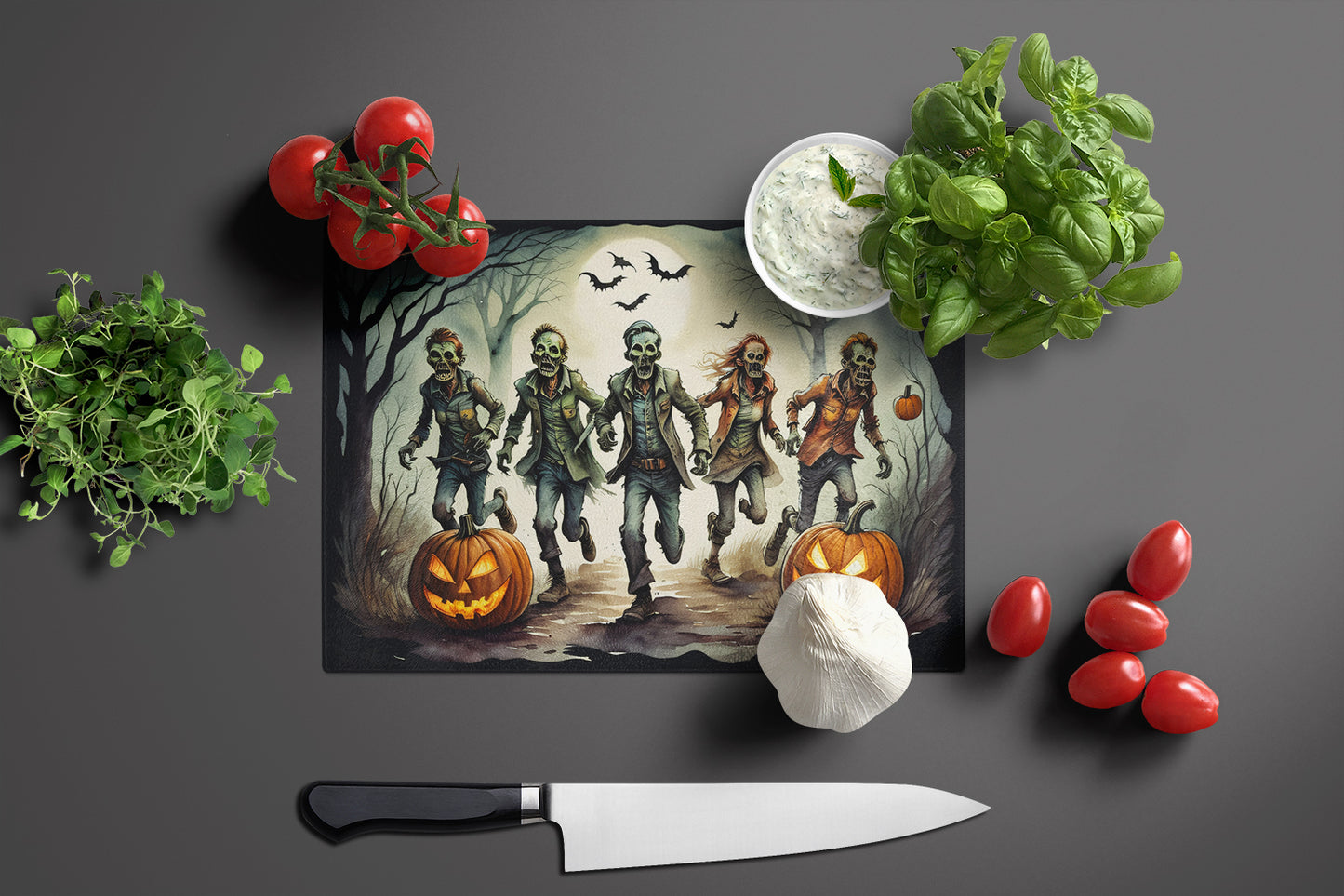 Zombies Spooky Halloween Glass Cutting Board