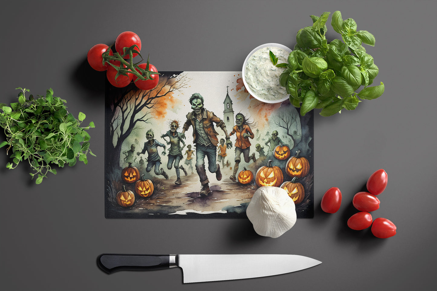 Zombies Spooky Halloween Glass Cutting Board